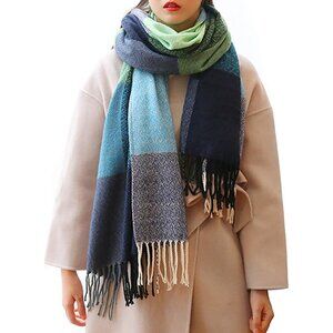 Women's Water Blue Plaid Scarf Fashion Long Plaid Shawls Wraps Big Grid Winter
